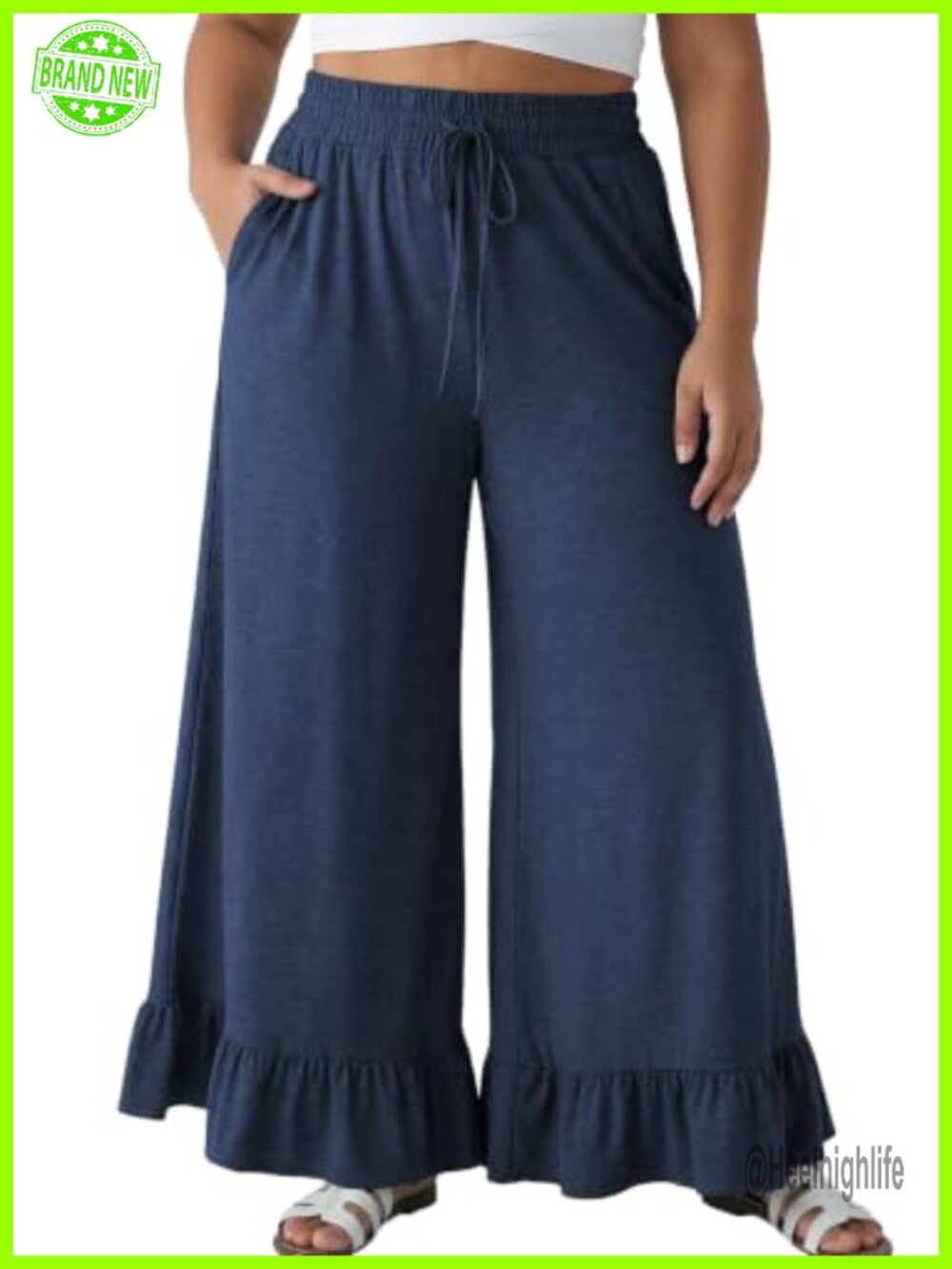 Plus Size Wide Leg Pants Elastic High Waist Drawstring Ruffle Hem Lounge